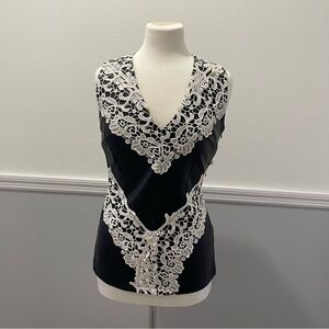 VENUS Black Top with White Lace Appliqué
